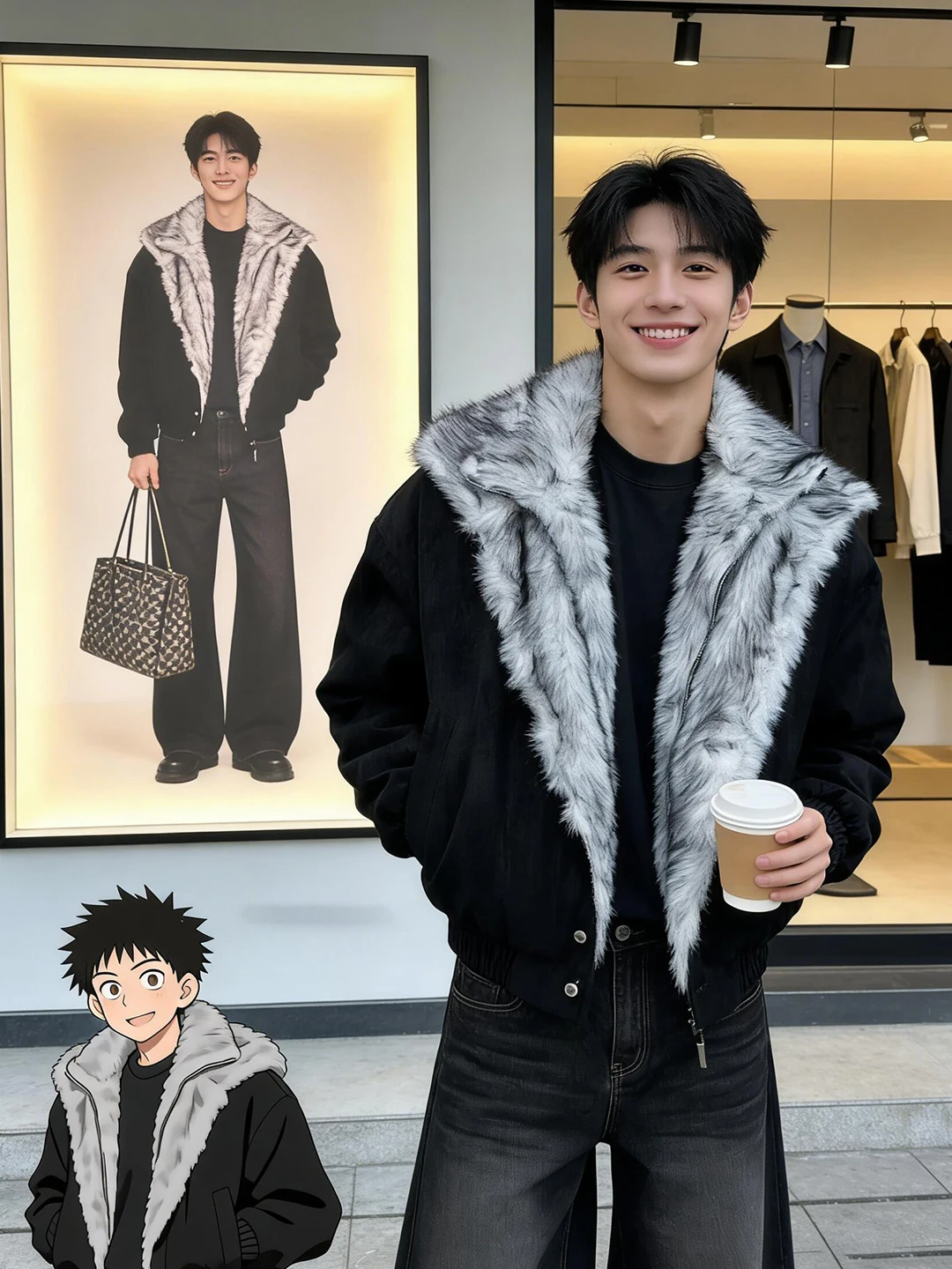 

Bla Wolf King Double Layer Collar Lamb Fur Jaet Men's Winter Thiened Warm Cotton Coat Hooded Stand Fit Long Sve