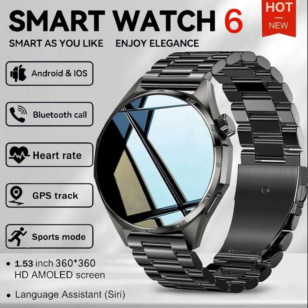 

Новые часы 6 Pro Смарт-часы Мужская модель HD AMOLED Экран GPS Трек движения Монитор сердечного ритма Bluetooth Вызов 1,53 дюйма Смарт-часы GT 6