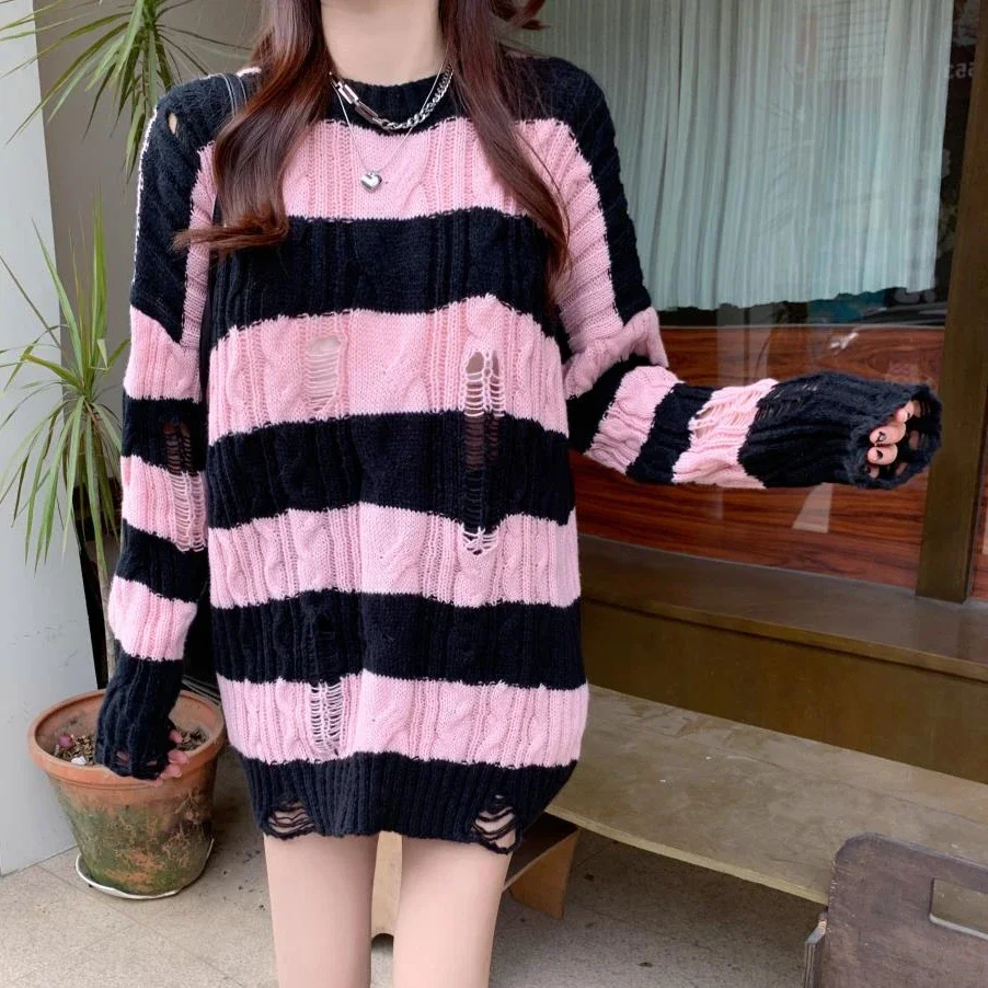 Women hollow out Tops Knitwear Autumn Winter stripe Sweater Women's O-neck casual loose long sleeve Pullover Trending Sweaters