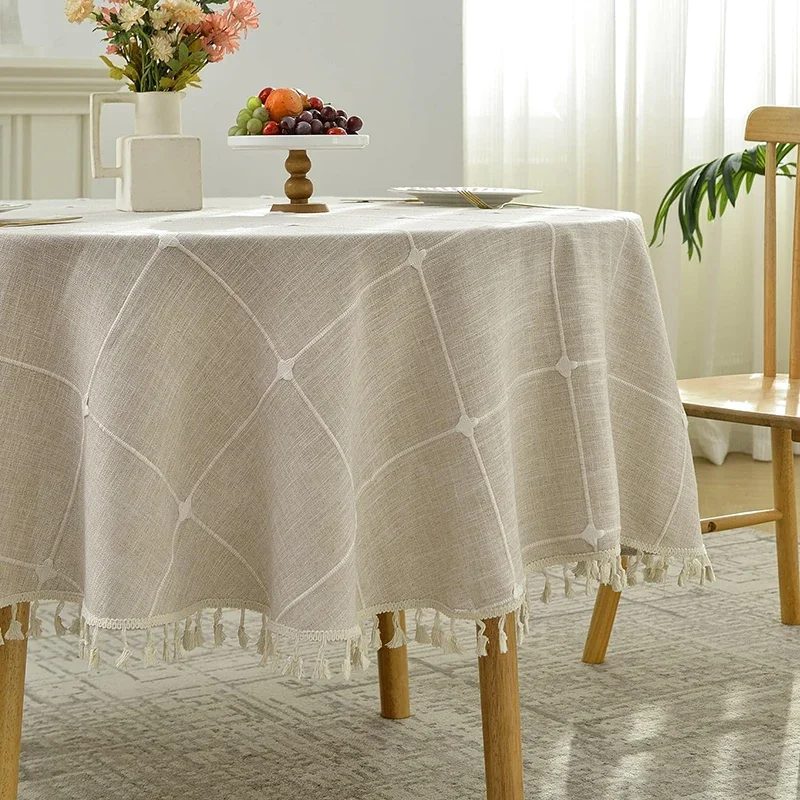 Round Tassel Plaid Tablecloths Heavy Weight Cotton Linen Fabric Dust-Proof Table Cover Kitchen Dining Party Tabletop Decorations
