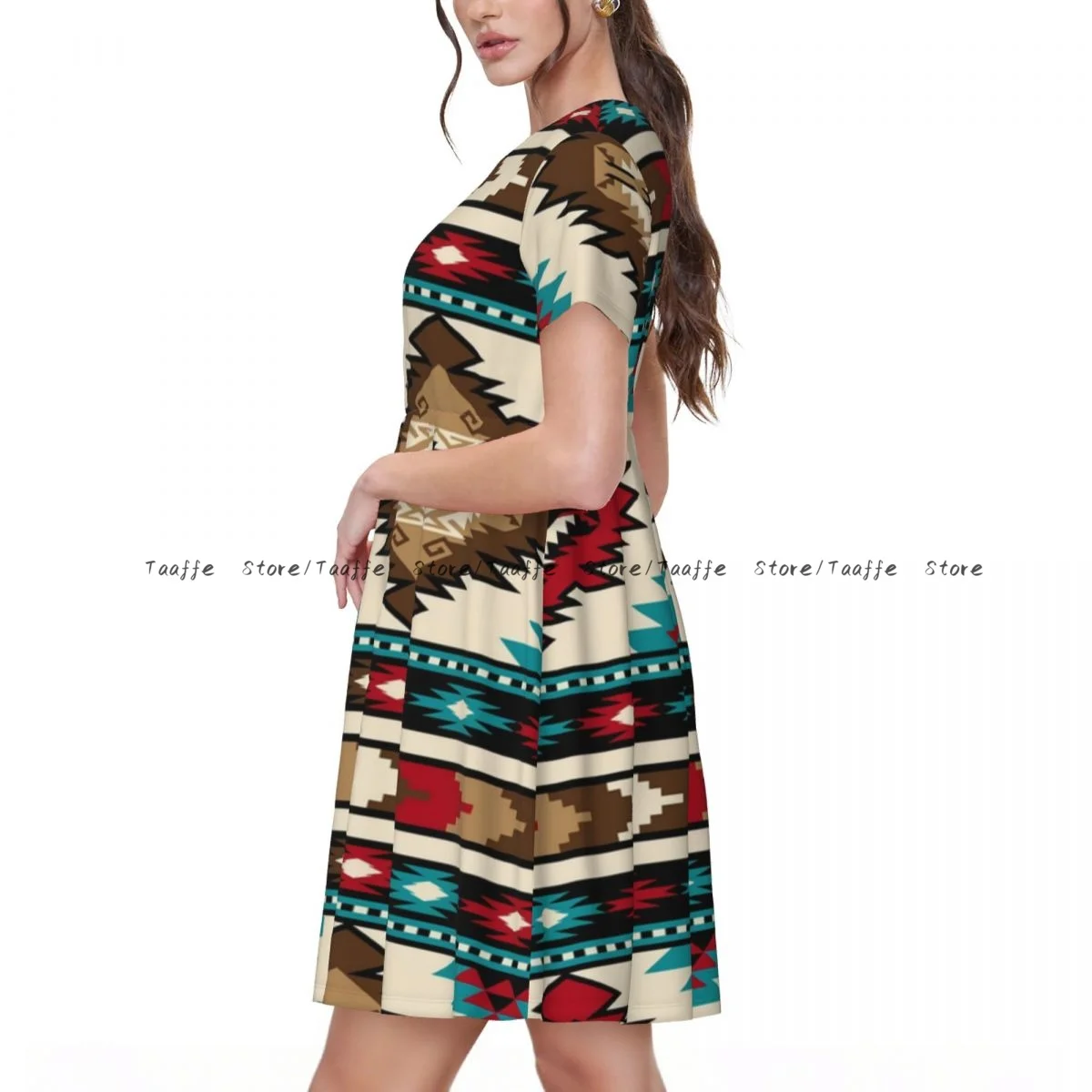 Letnia sukienka damska z indyjskim wzorem, styl indiański, codzienna, plażowa, na wakacje, z krótkim rękawem, okrągły dekolt, damska sukienka midi.