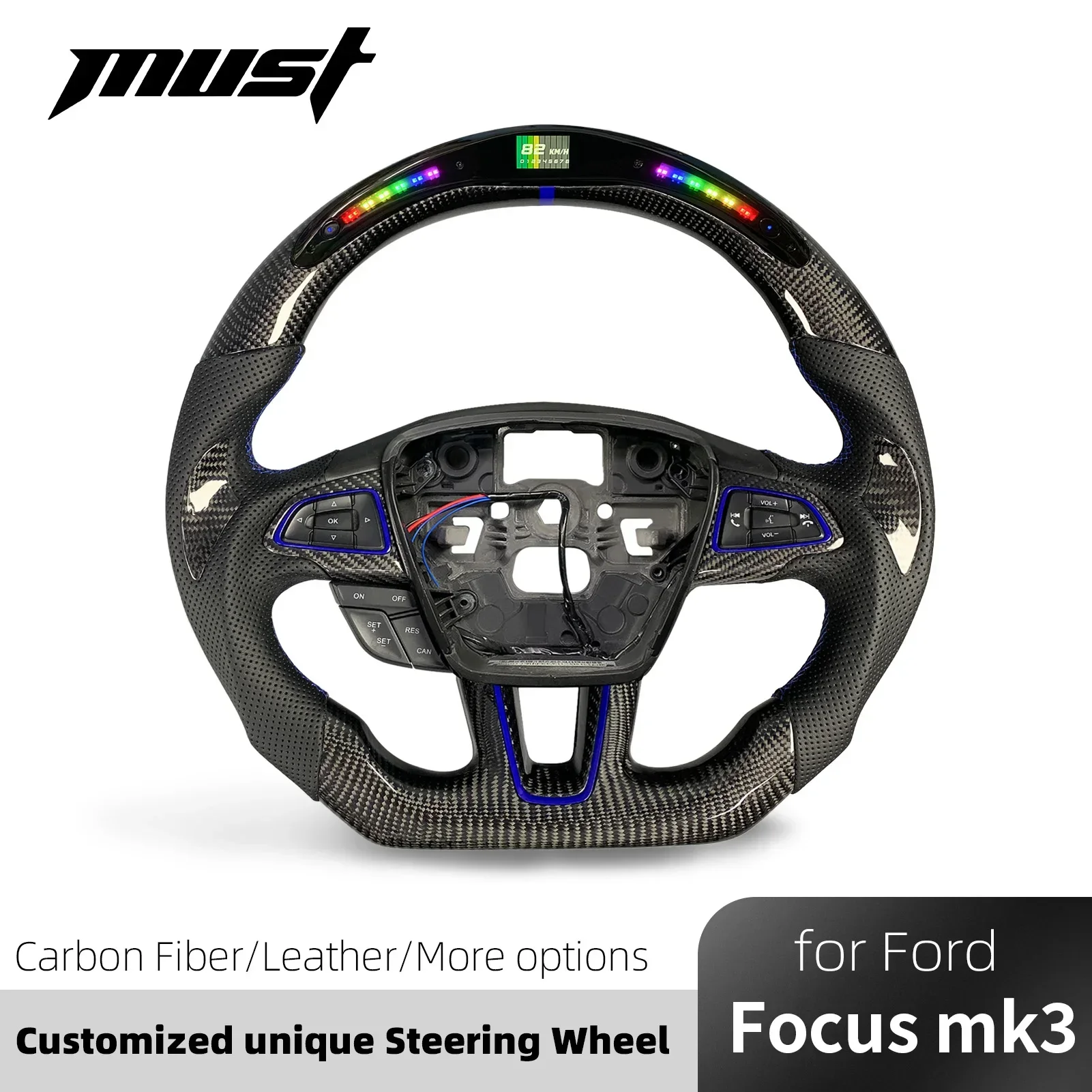 For Focus MK3 2015-2018 ST RS Active ST-Line Customized Carbon Fiber Steering Wheel Support Heating LED Rpm Display