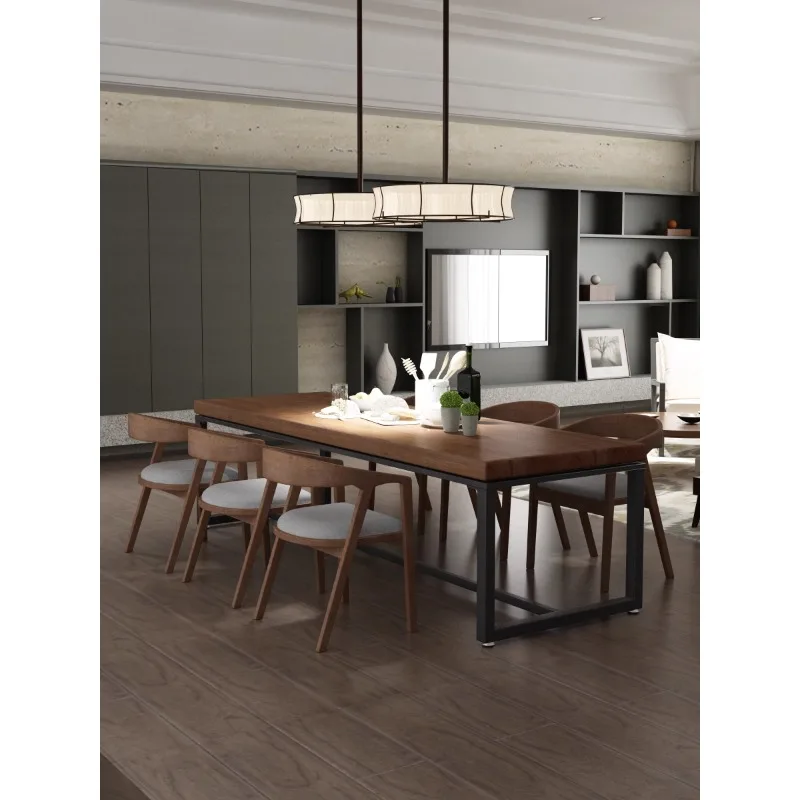 

Industrial style commercial restaurant wrought iron solid wood dining table and chair combination canteen noodle shop rectangula