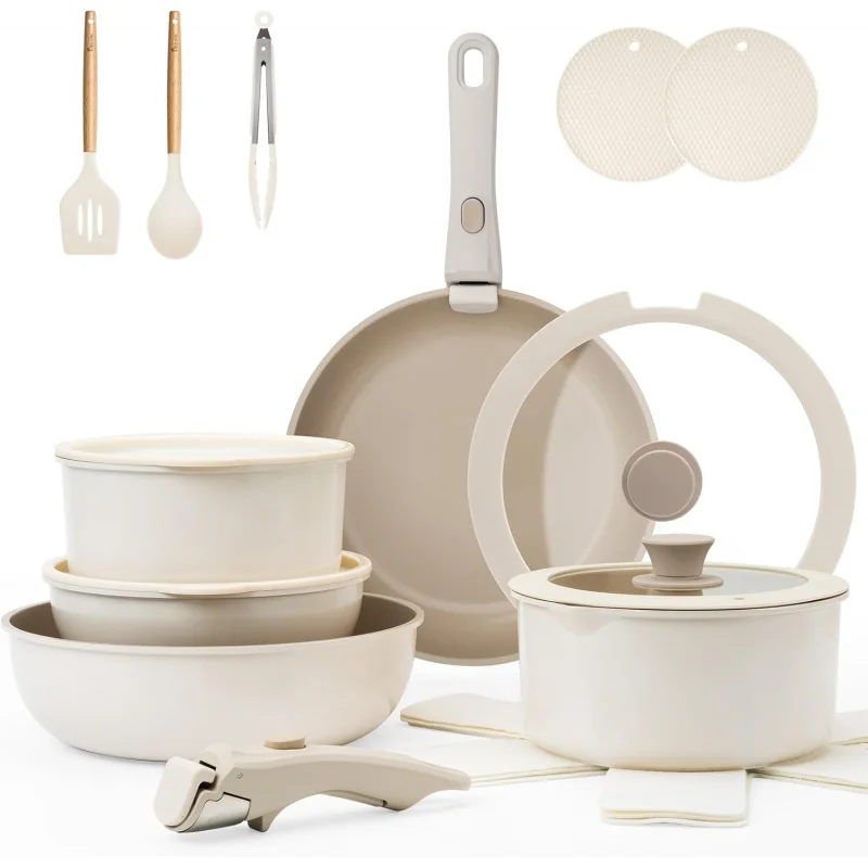 20 Pcs Pots and Pans Set Non Stick, Ceramic Cookware Set Detachable Handle, Non Toxic Induction RV Kitchen Cooking Set with Remo