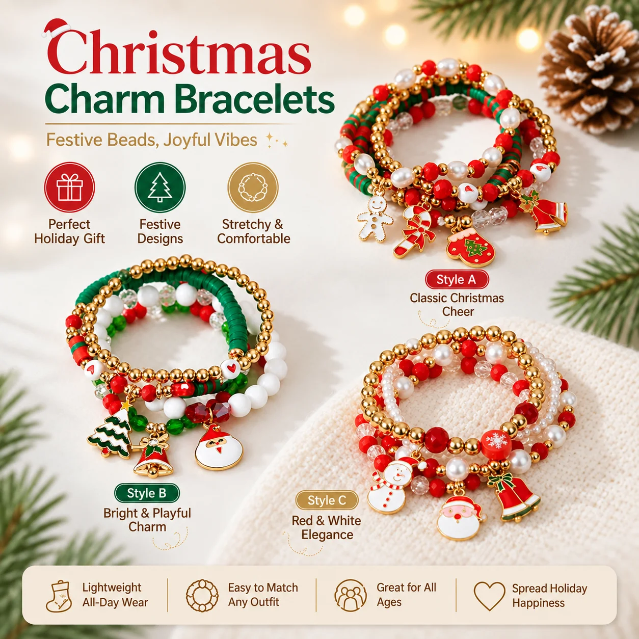 Unisex Bracelet Festive Charm Bracelet Polymer Clay Bracelet Imitation Pearl For Relatives Christmas Party Outfit Matching