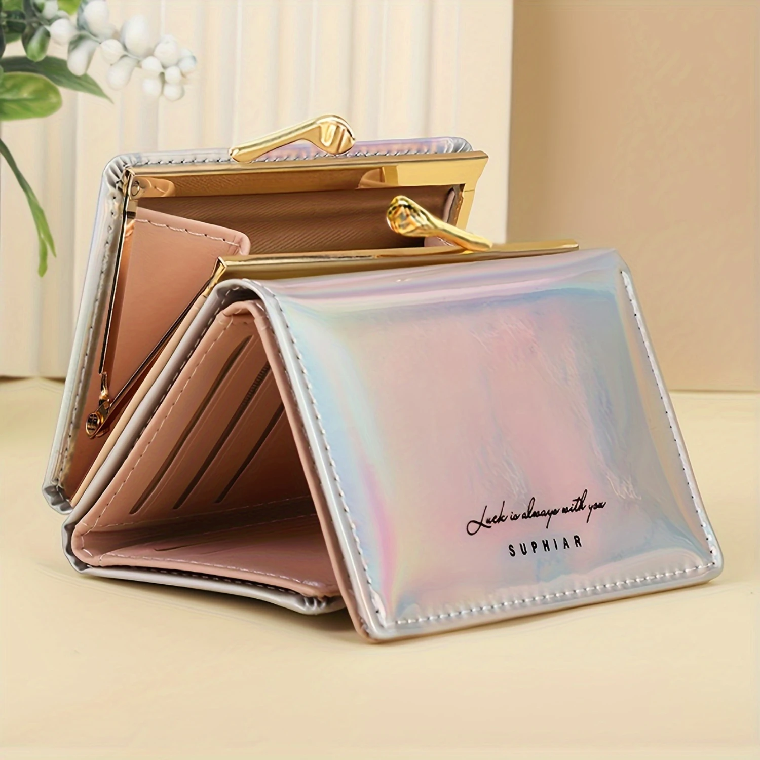 Shiny Tri-fold Wallet Clutch - Stylish Casual Card Holder with Secure Hasp Closure, Coin Pouch & Multi-Card Slots - Compact, Per