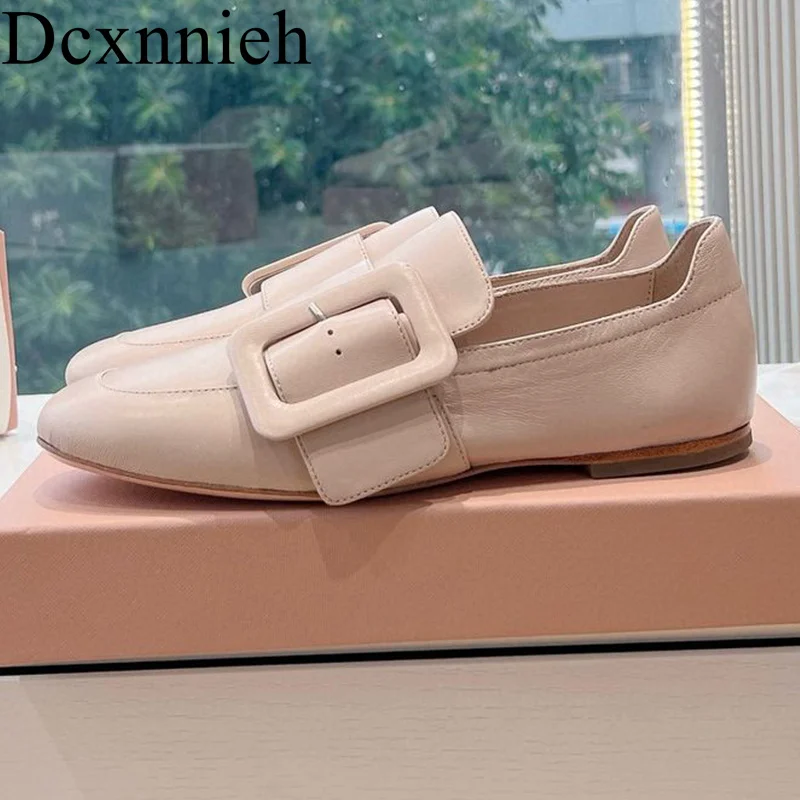 

Spring Autumn Round Toe Deep Mouth Flats Lazy Loafers Women Genuine Leather Belt Buckle Dou Dou Shoes Vacation Walking Shoes