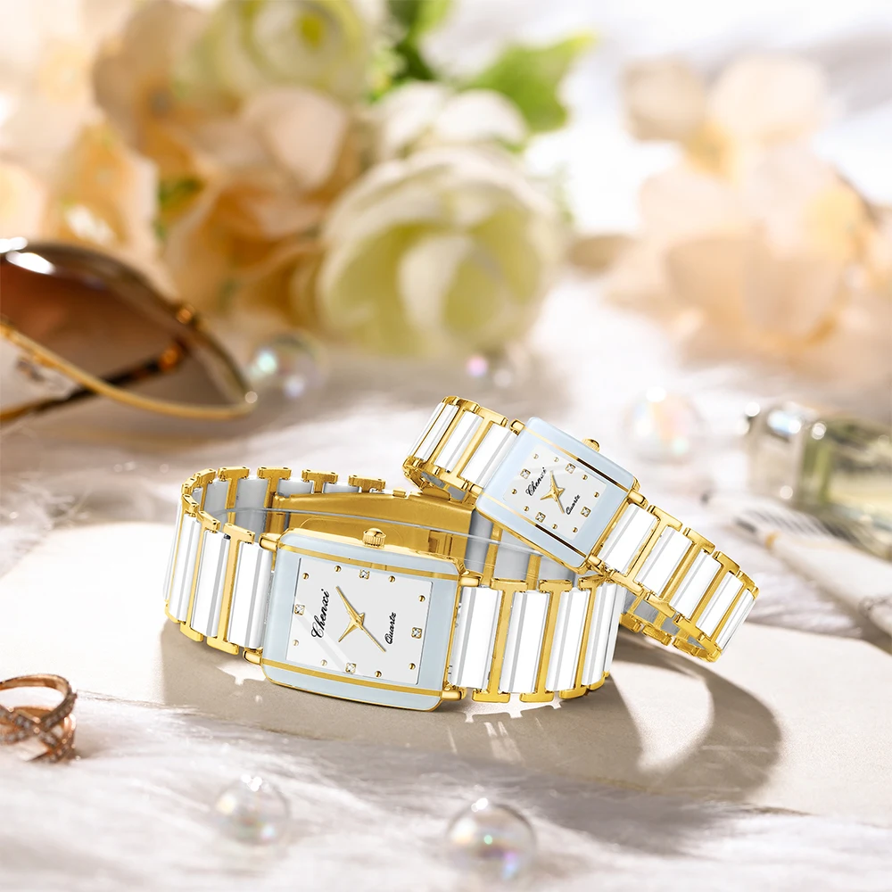 CHENXI Fashion Couple Watch Rectangle Dial Waterproof Watches For Men Women Ceramic Alloy Quartz Wristwatches Gifts