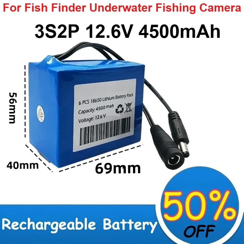 

18650 Lithium Battery 3S2P 12.6V 4500mAh Capacity for Fish Finder Underwater Fishing Camera Portable Indicator Source + Charger