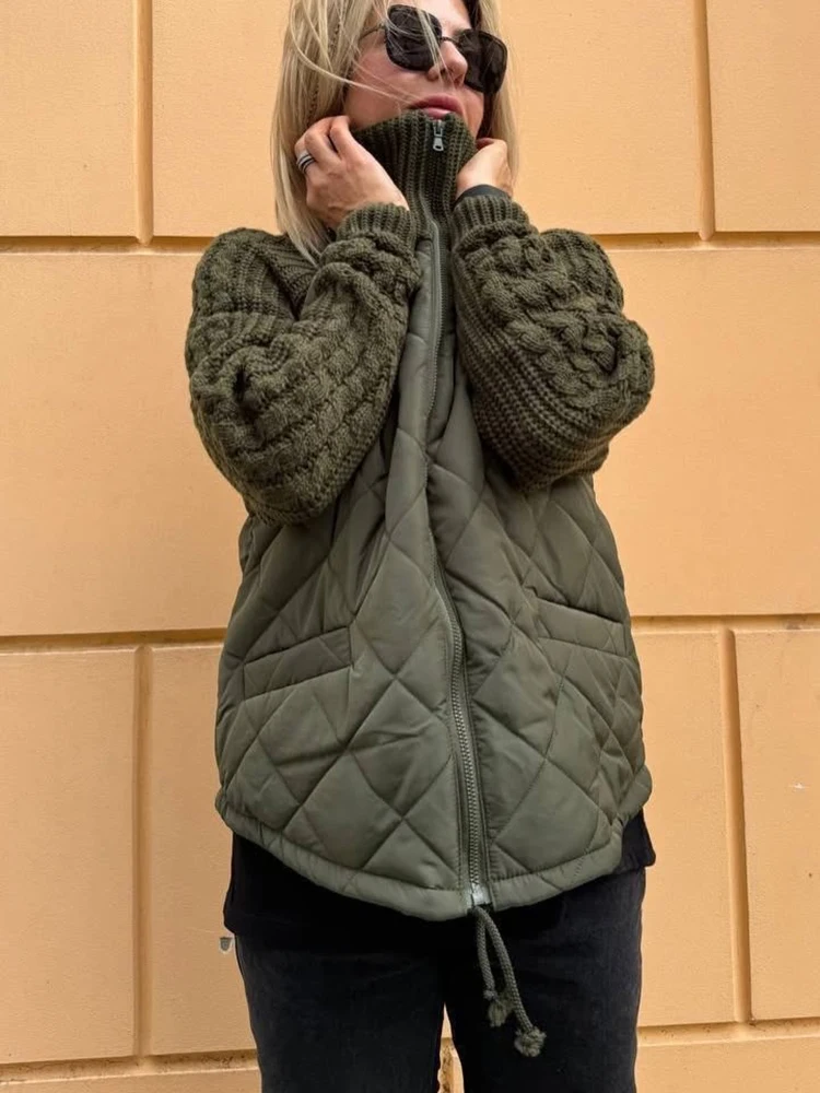 Fashion Women Knit Sleeve Splicing Jacket Loose Stand Neck Zip Front Drawstring Hem Warm Casual Coat Daily Commute Streetwear