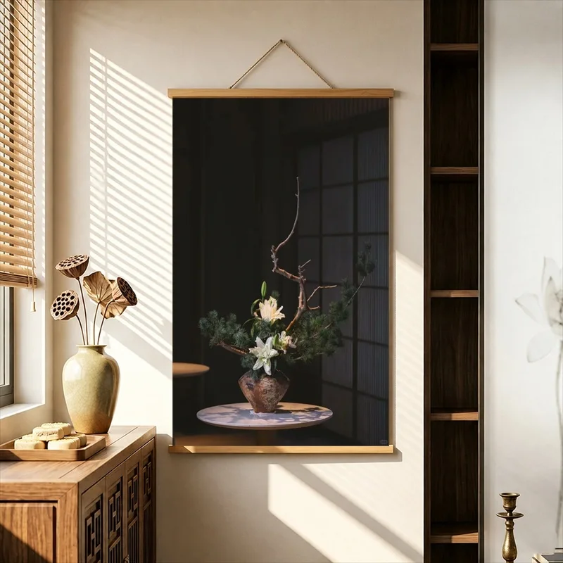 Wall Decor Minimal Ikebana Flowers against Dark Walls, Pearlescent Canvas Hanging Scroll for Flower Arrangement Studio Interior