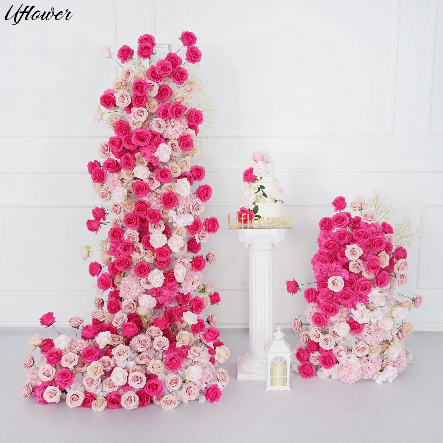 

Uflower Hot Pink Rose Hydrangea Wedding Backdrop Arch KT Board Decor 5D Flower Arrangement Floor Flower Row Event Party Props