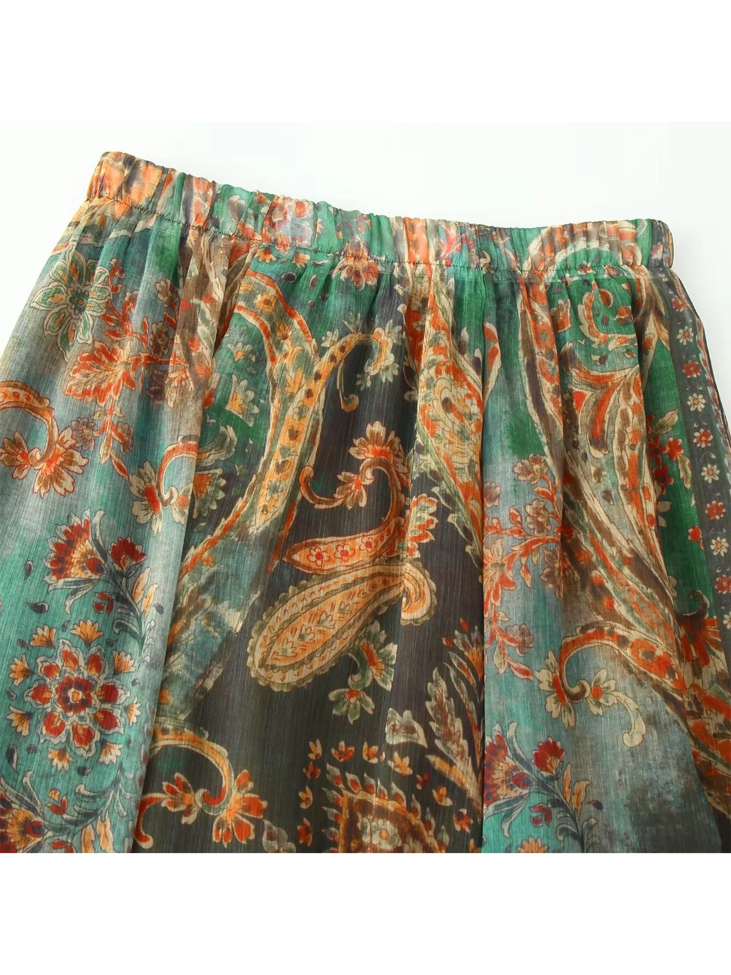 Women's Green Printed Midi Skirt Retro Ethnic Style Chiffon Midi Skirt 2000s Vintage High Waist Long Skirt for Women Summer 2026