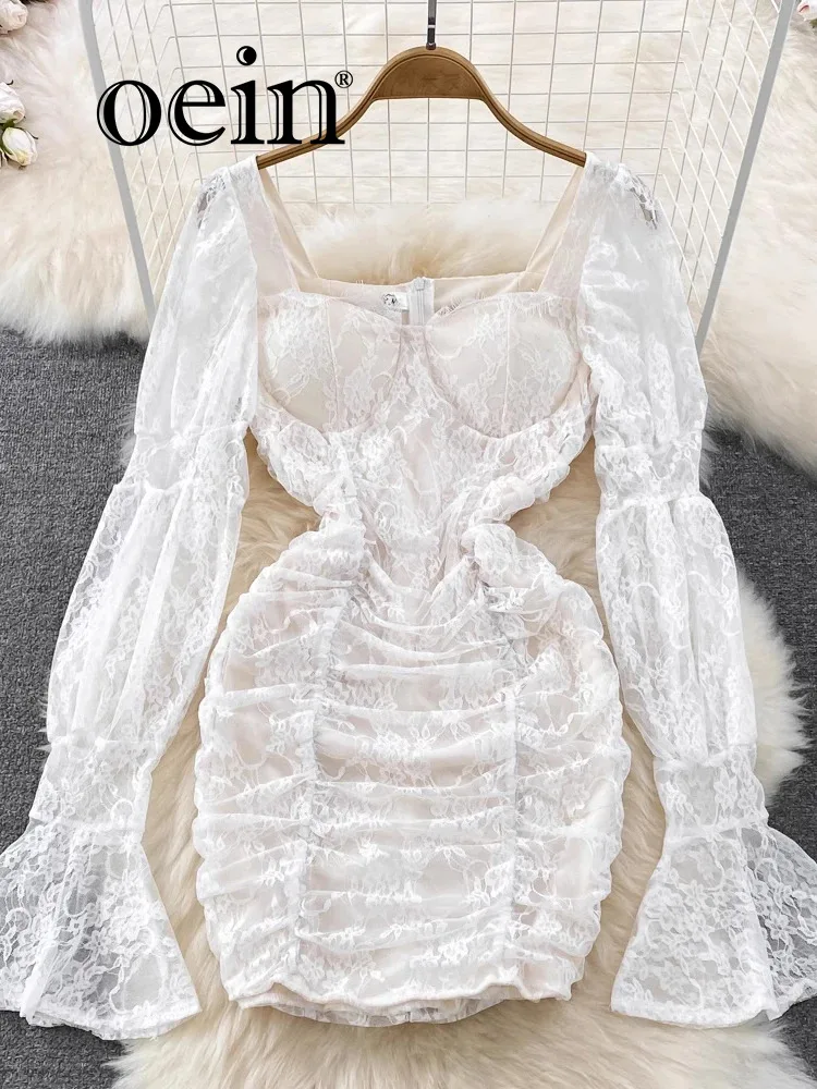 

[oein] Korean Version New Square Neck Trumpet Long Sleeved Lace Patchwork Waist Slimming Pleated Hip Hugging Dress For Women