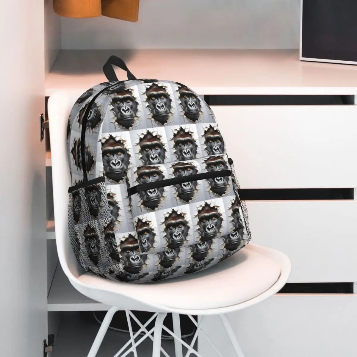 Gorilla Face Looking Through Ripped Card Backpack Student BookBag Kids School Bag Computer Shoulder Bags for Men Women