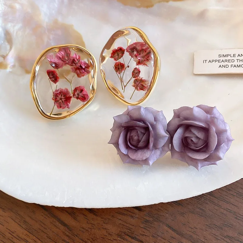 Minar Stylish 2 Designs Transparent Irregular Resin Real Dye Flower Drop Earring for Women Gold Plated Copper Wedding Jewelry