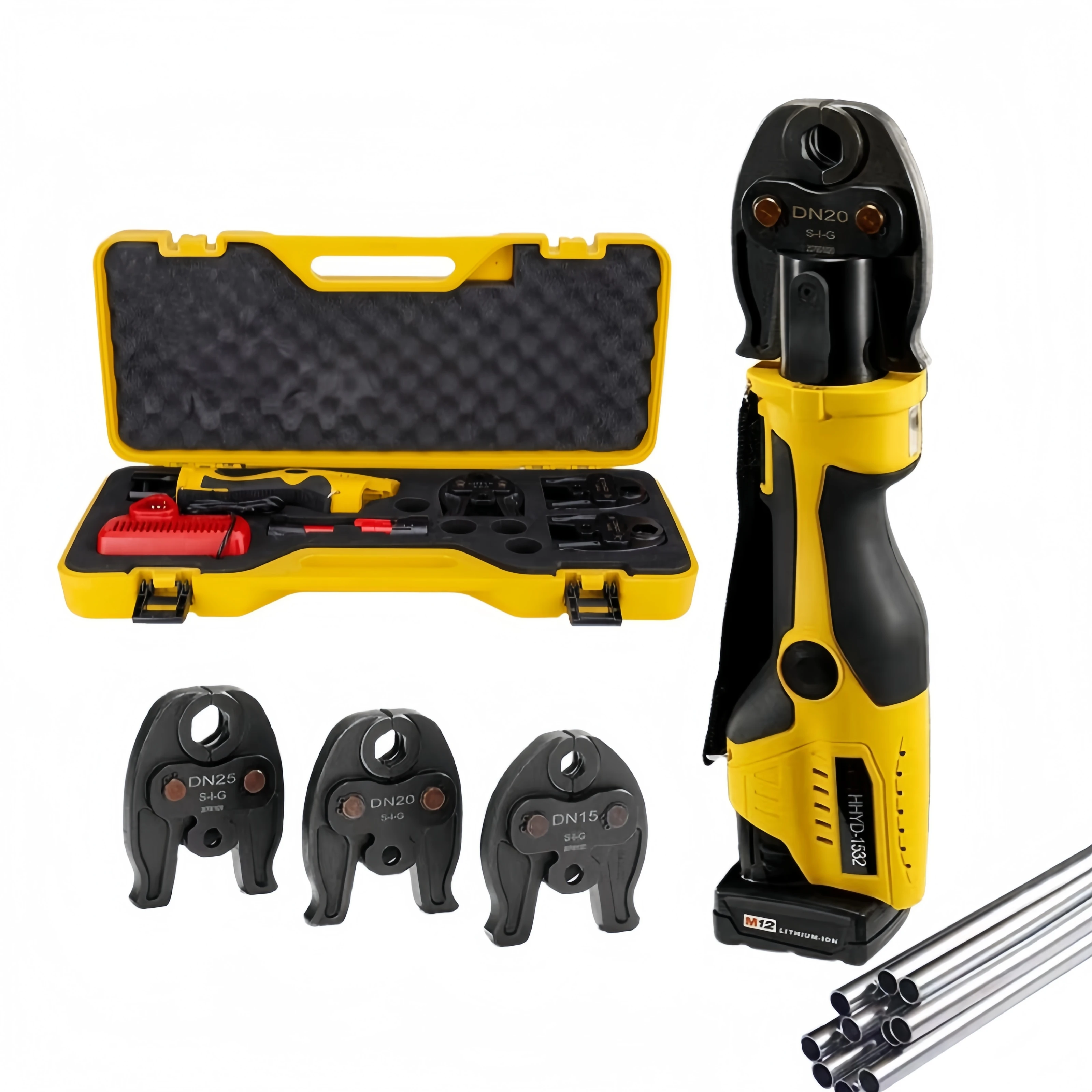 

Professional Compact Copper Pipe Press Tool Kit Machine 1/2 3/4 Inch Steel Jaws Hexagonal Fitting For Plumbing HVAC System Use