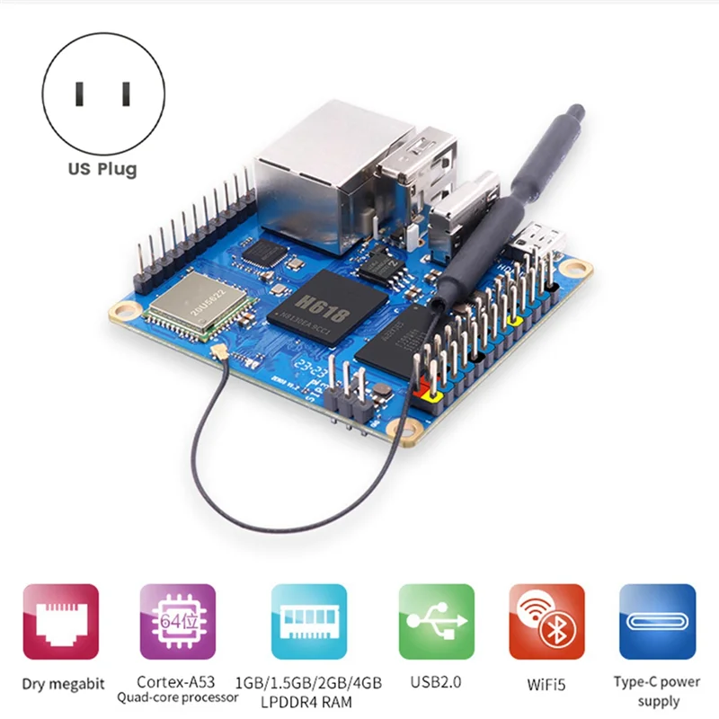 For Orange Pi Zero3 Development Board 4GB RAM H618 WiFi5+BT5 Gigabit LAN for Android12 Debian12 with Heat Sink US Plug