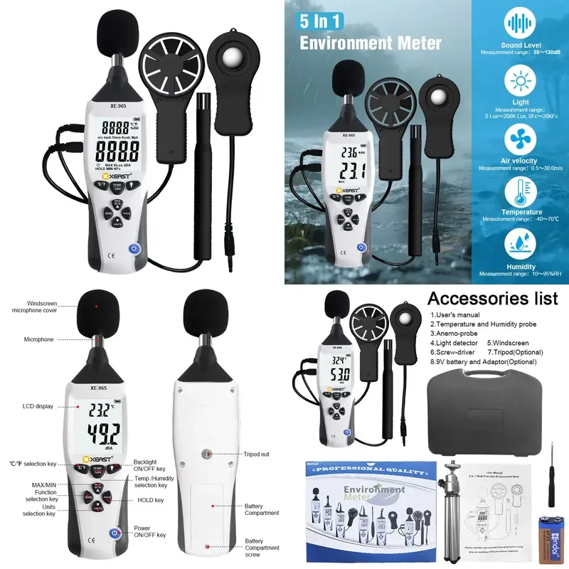 for XEAST XE-965 5-in-1 Handheld Multifunctional Environmental Instrument Photoacoustic Humidity Temperature Anemometer