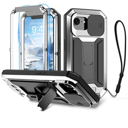 Heavy Duty Shockproof Case for iPhone 16e 2025 16 17 Pro Max 15 14 13 with Kickstand Screen Tempered Glass Metal Protection Case