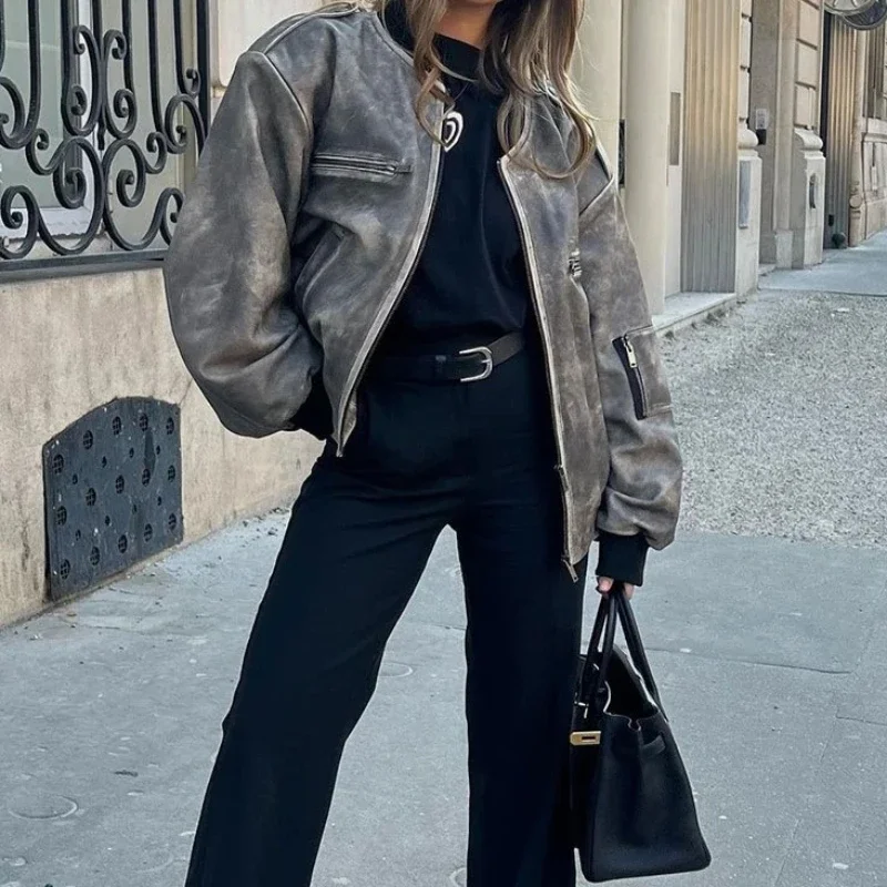 

Женская утепленная кожаная куртка осень 2025: персонализированная, повседневная, с круглым вырезом, на молнии, для города