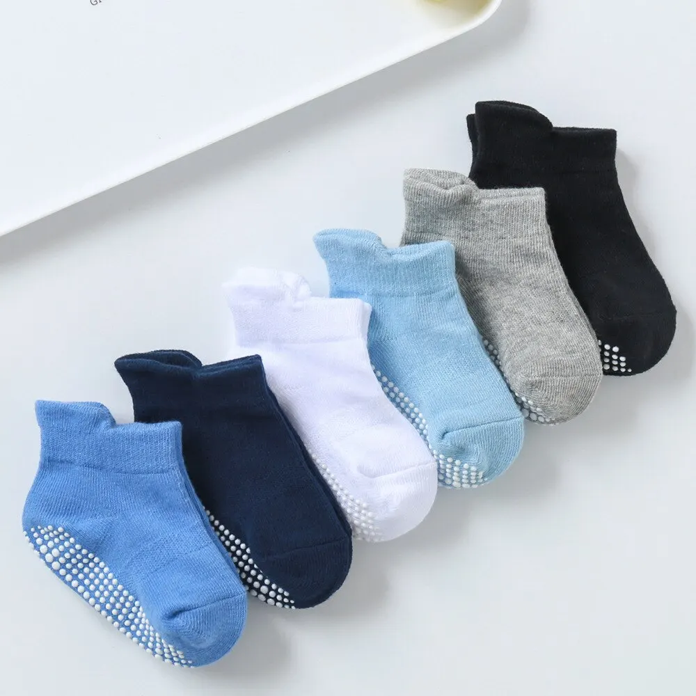 6 Pairs/Lot Cotton Baby Anti-slip Boat Socks For Boys Girls Low Cut Floor Kids Toddler Sock With Rubber Grips For 0-5Years