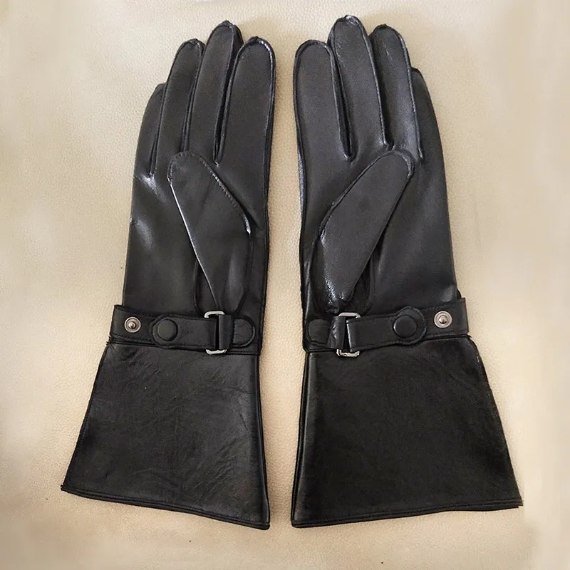 Mens Leather gloves Touch Screen Double Cuff Luxury Unlined Genuine Leather Tight Long Sleeve Driving Riding Moto Gloves