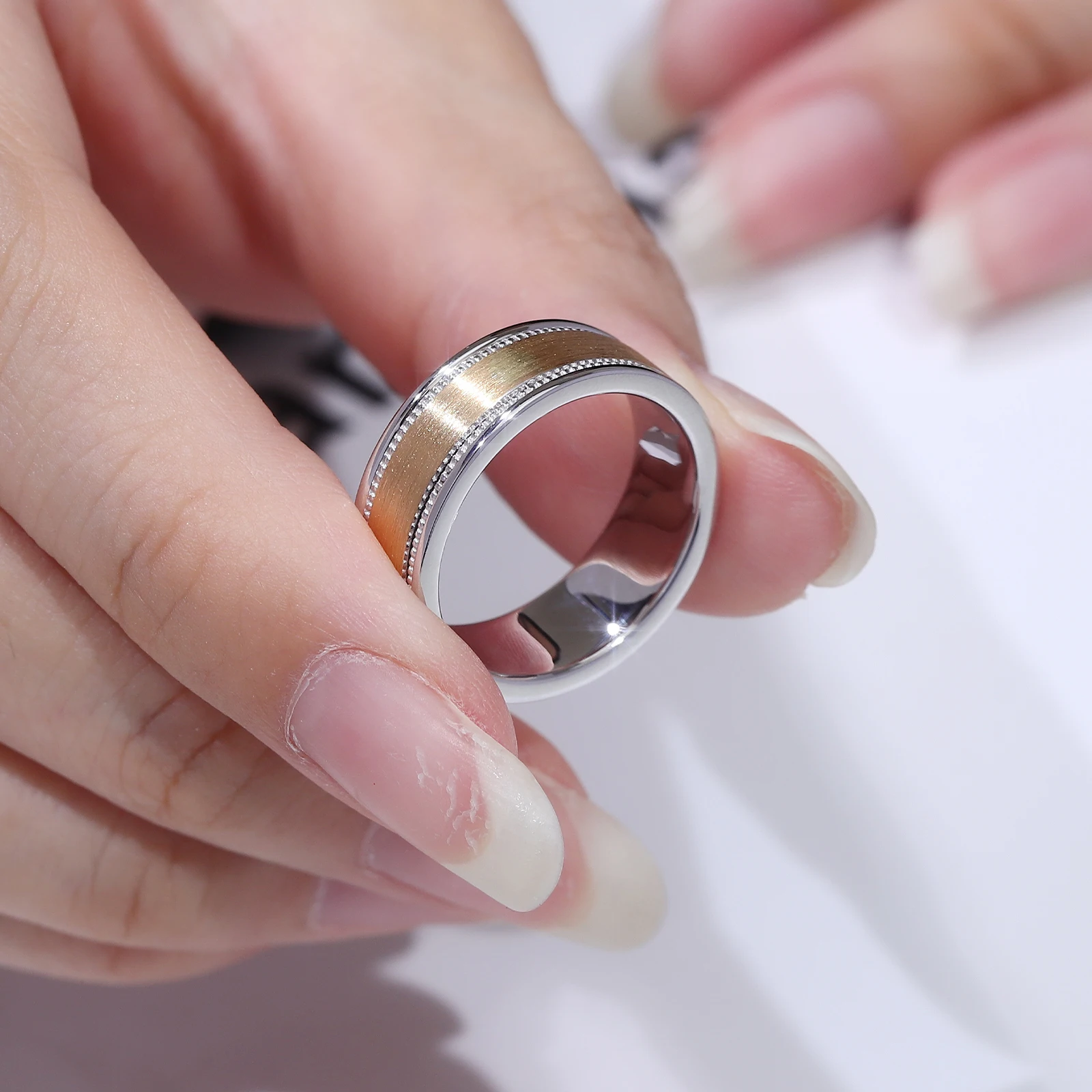 Provence Classic Plain Ring 14K18K Yellow white two color Solid Gold for Men Wedding Satin Finish milgrain Design Custom