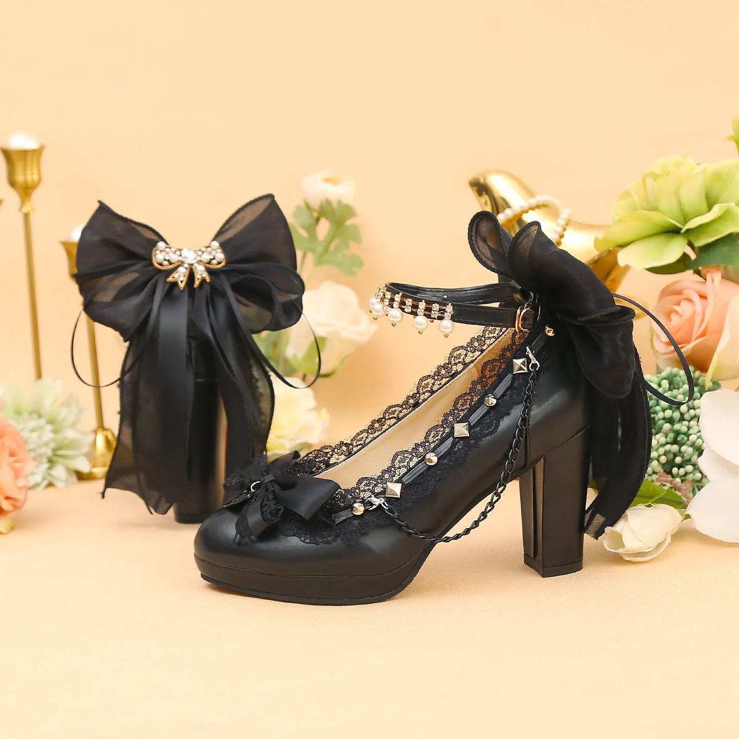 

Retro Black Leather Shoes Lace Rivets Chain Lolita Bow Pearl Rhinestone Wristband Thick High-heeled Women's Shoes