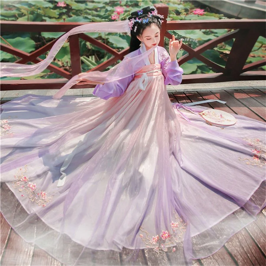 Vestido de fada hanfu vintage estilo chinês para mulheres, trajes florais elegantes de princesa bordada, cosplay de palco, doce