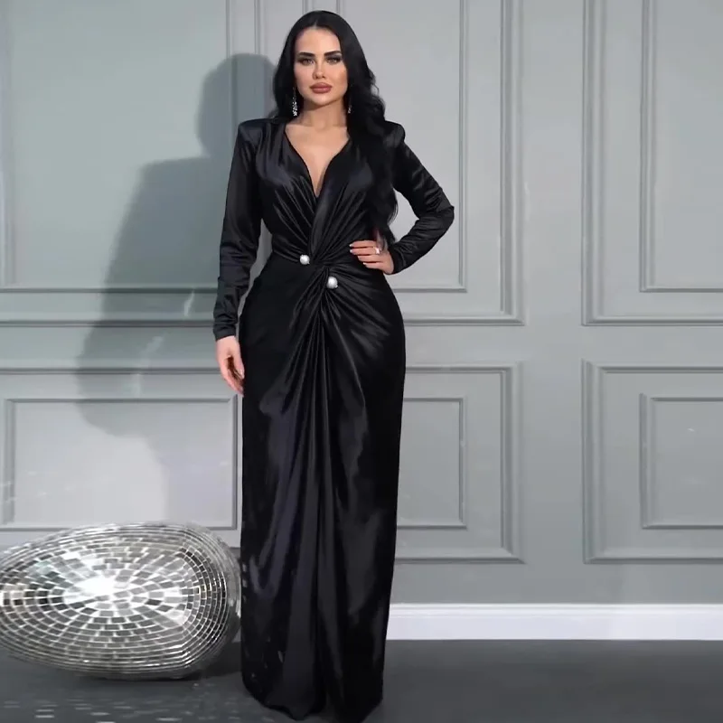 

2025 Autumn New Sexy and Fashionable V-neck Long Sleeved Pleated Waist Slimming Evening Dress Cocktail Party Evening Dress