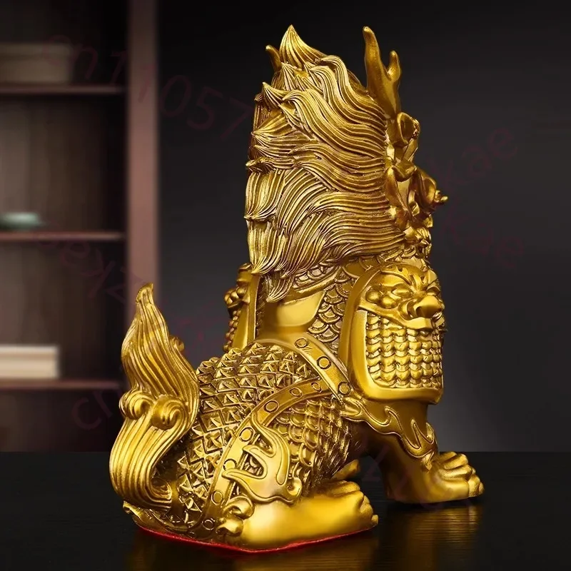 Pair of Brass Kirin Statues, Male & Female Armored Mythical Beast, Feng Shui Decor for Wealth Protection, Home Office Guardian S