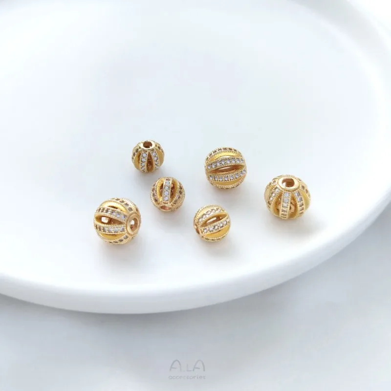 14K Gold Pumpkin Beads Micro-inlaid Zircon Hollow Ball Watermelon Beads DIY Pearl Jewelry Diamond Ball Bead Spacer Accessories