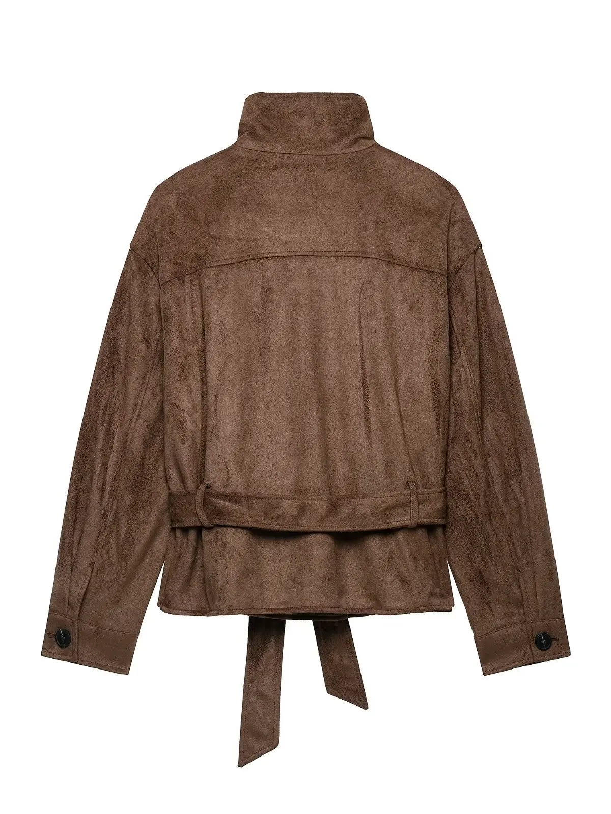 Retro Style Women's Short Jacket Suede Waist Belt Decorated Stand Collar Slim Fit Polyester Fiber Long Sleeve Coat