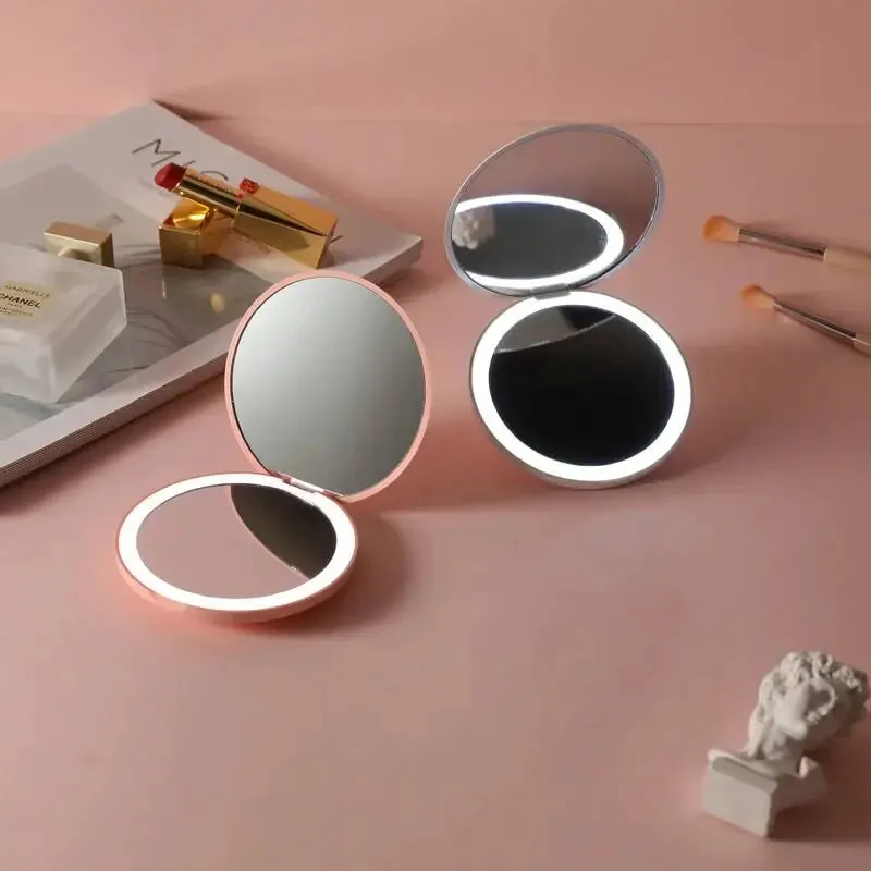 Espejo de bolsillo compacto de maquillaje plegable de 2 lados para mujer, Mini espejo personalizado con luz LED pequeña, efecto luminoso cosmético, rosa y blanco