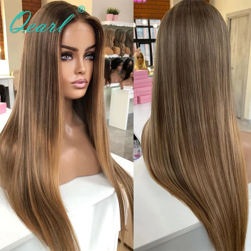 

New In Human Hair Full Lace Wig Light Brown with Honey Blonde Highlights 360 Lace Frontal Wigs Glueless Straight Women Wig Qearl