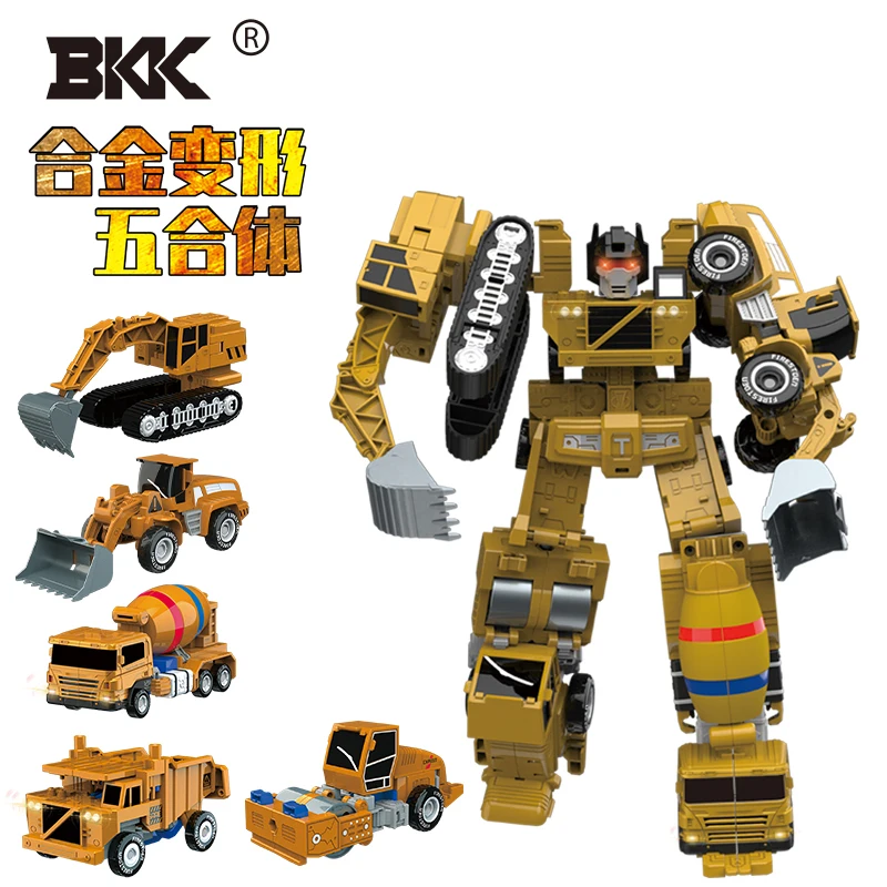 BKK Alloy Deformation Toy Engineering Car Robot 5 in 1 Bulldozer Excavator Construction Car Model Boy