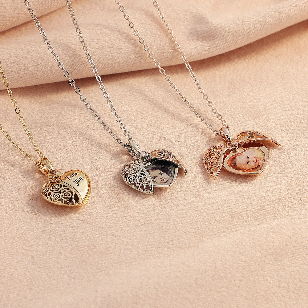 RoRo Custom Name Necklace Pendant Customized Photo Heart Semi-Hollow Corrosion Necklaces for Women Girls