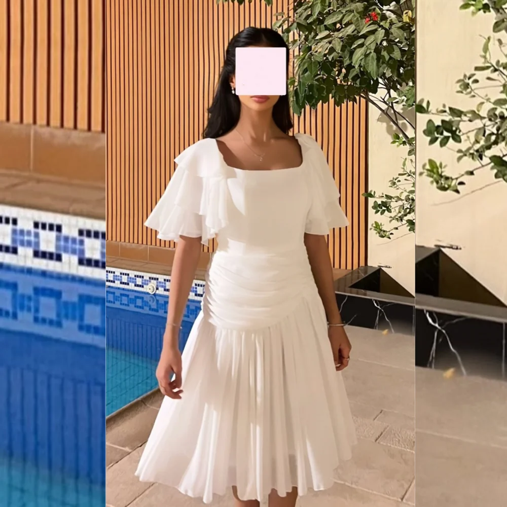 

Customized Casual Chiffon Pleat A-line Square Neck Midi Dresses Bespoke Occasion High Quality Elegant