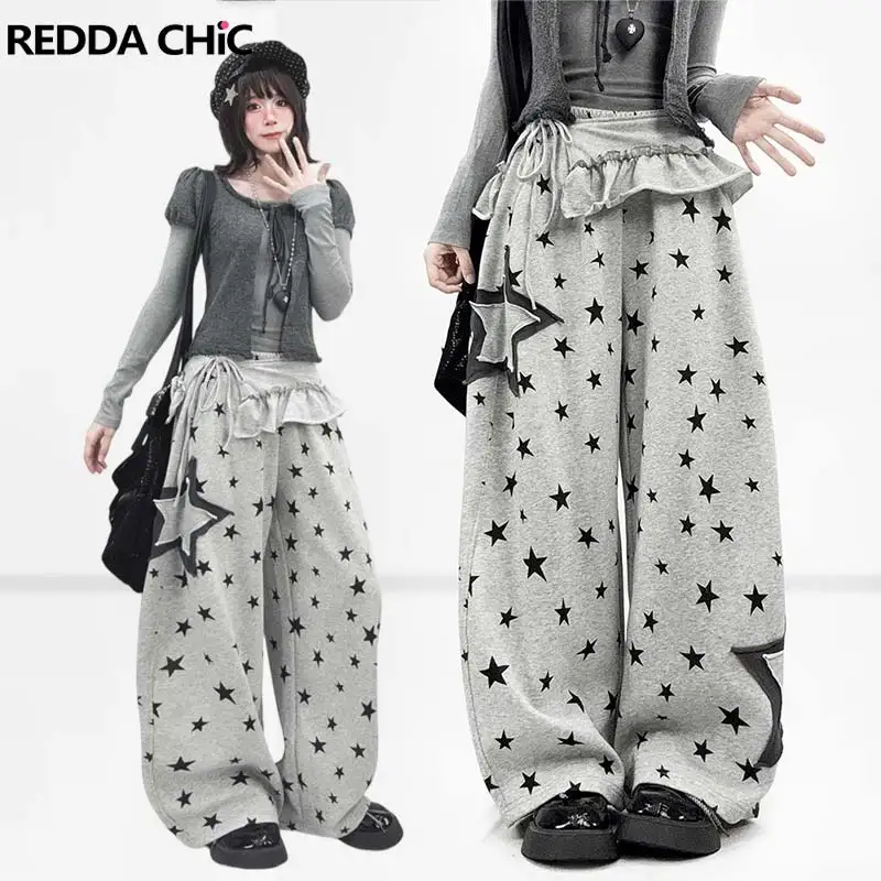 REDDACHiC Y2k Star Gray Sweatpants Women Dance Hiphop Elastic Waist Pockets Carrot Fit Wide Leg Causal Pants Skater Streetwear