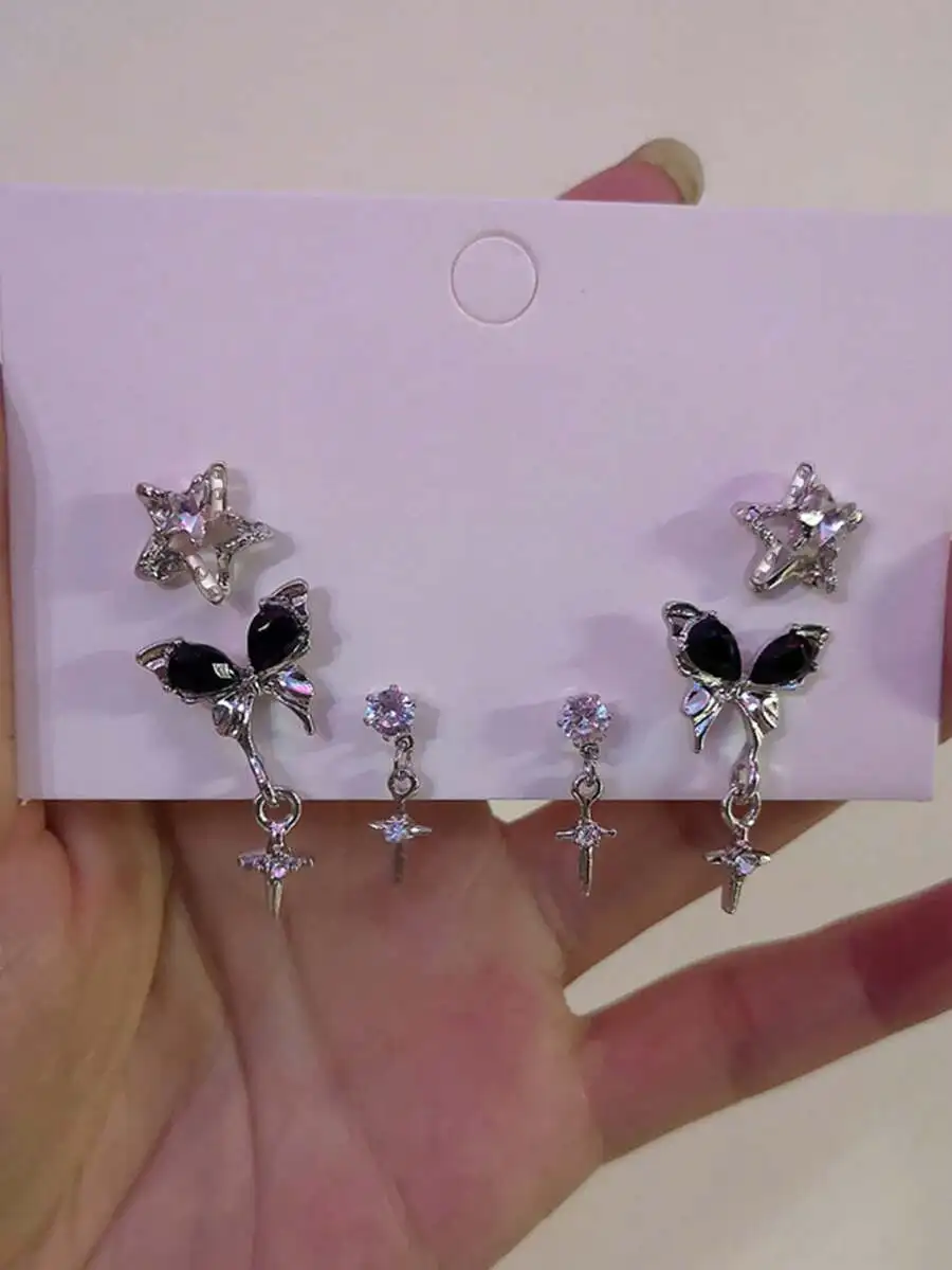 

6PCS Vintage Sweet Cool Black Butterfly Crystal Star Womens Drop Earring Set Party Gift