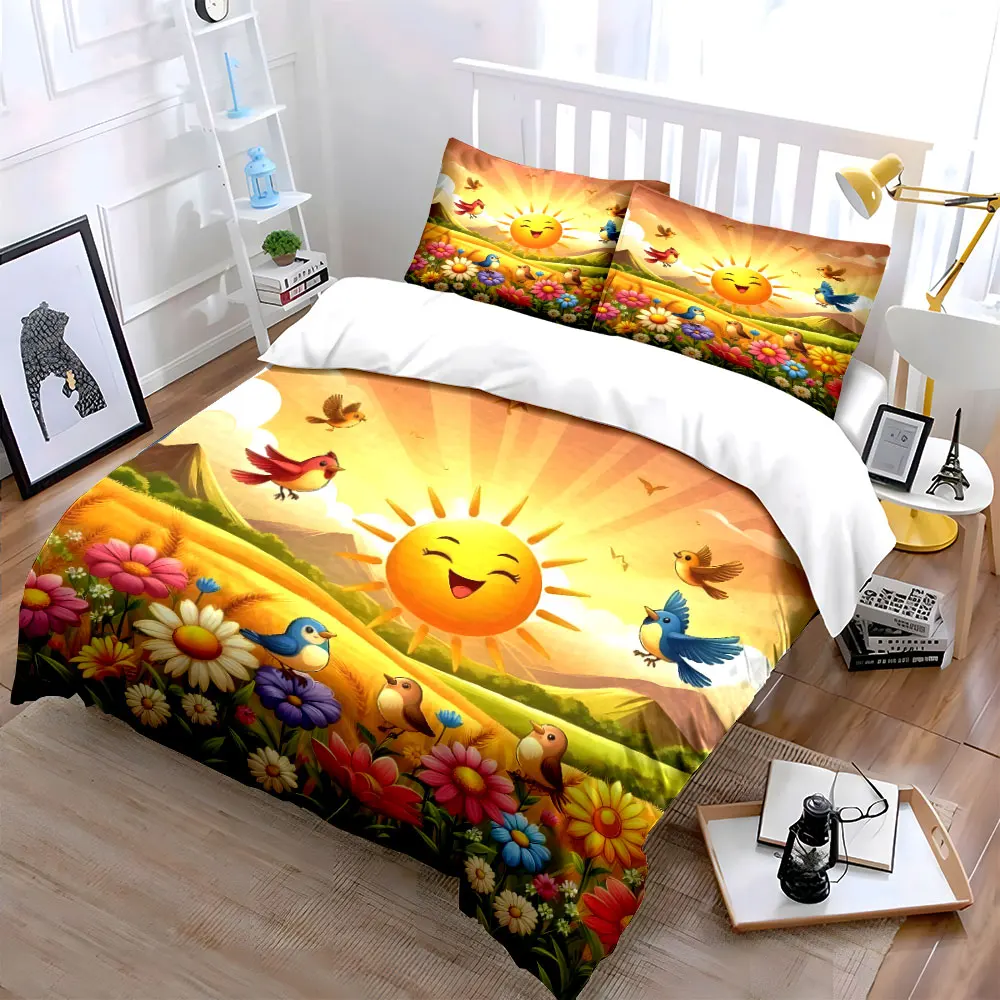 

"Sunny Nature Scene With Birds" Exquisite three-piece bedding set gift for kids and adults