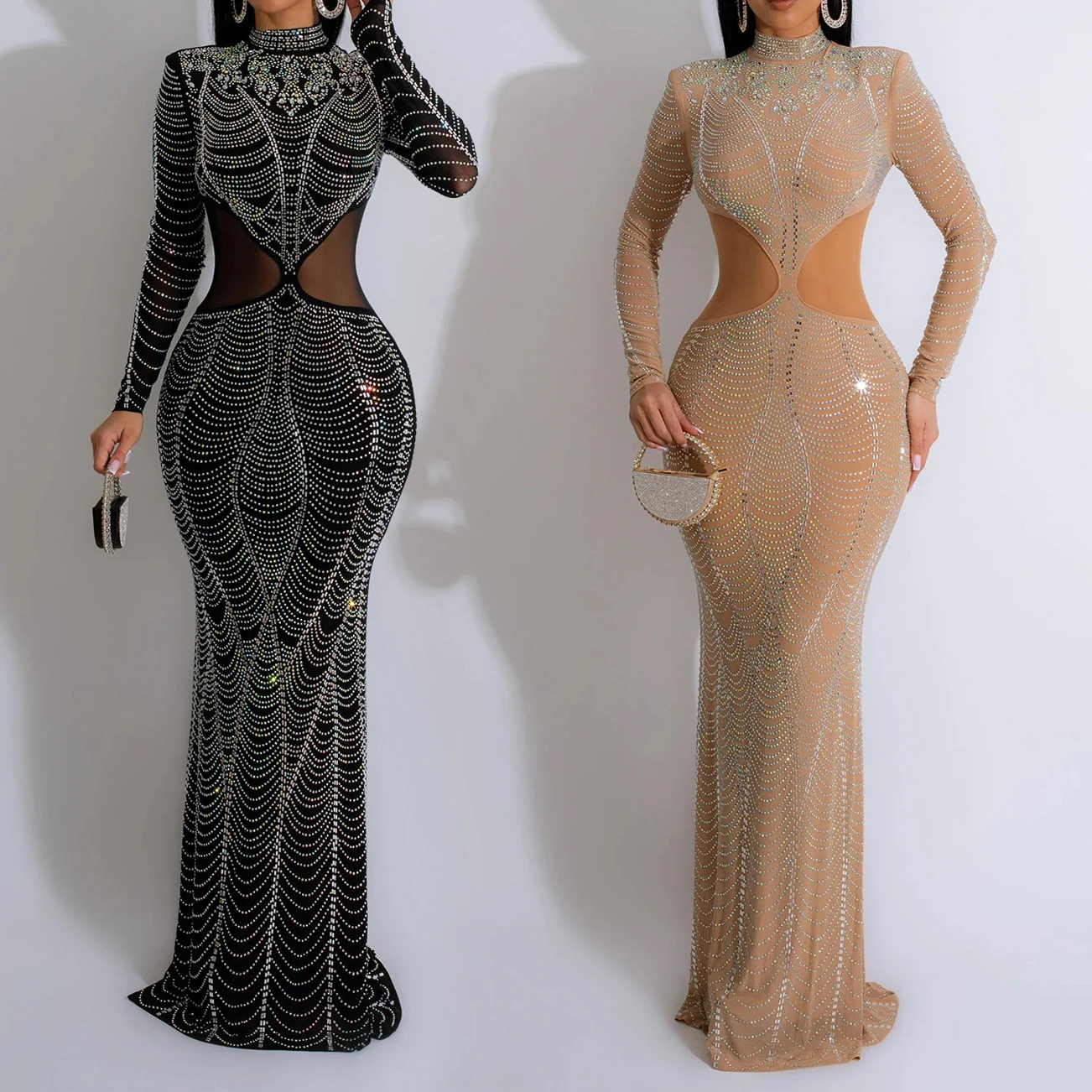 Women Evening Dresses High Neck Shiny Rhinestones Cocktail Elegant Party Dress Luxury Long Sleeve Formal Prom Dresses XSY015