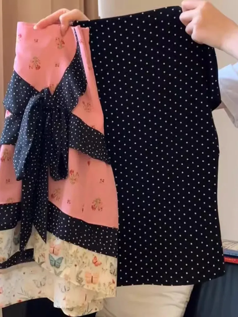 

Летний комплект из двух предметов: футболка с коротким рукавом в горошек и юбка-кейк с цветочным принтом, большие размеры, женская мода