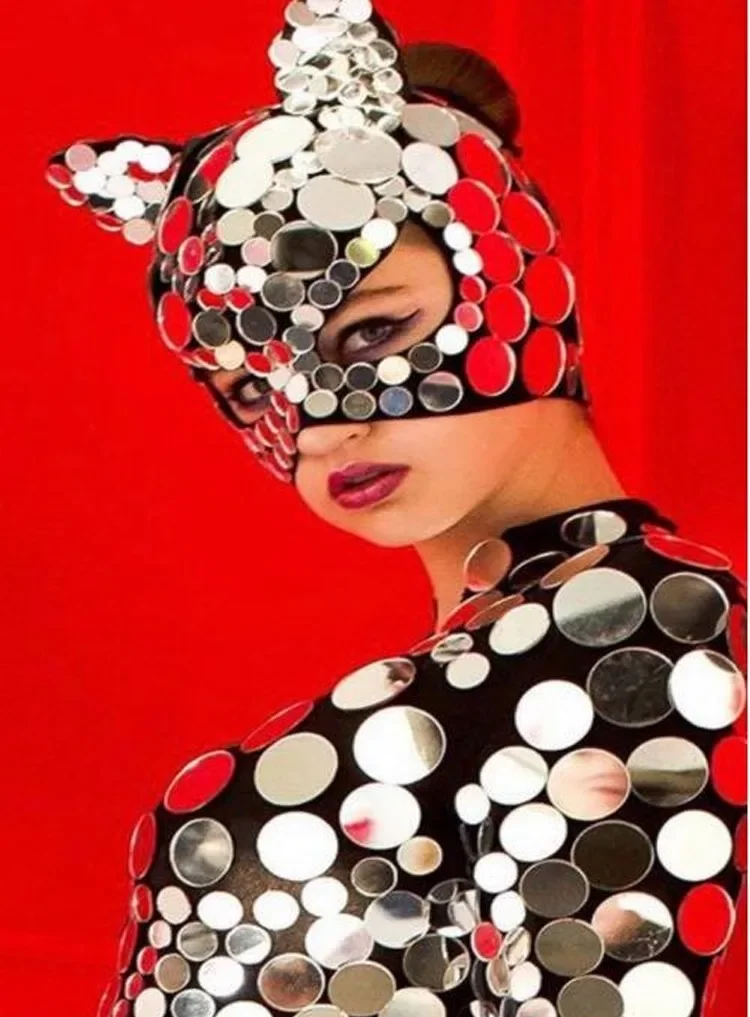 Catwalk stage dance wear Round Mirror Jumpsuit Sequin Mirror Light One-Piece Outfit Set Cat mask mirror bodysuit Model costume