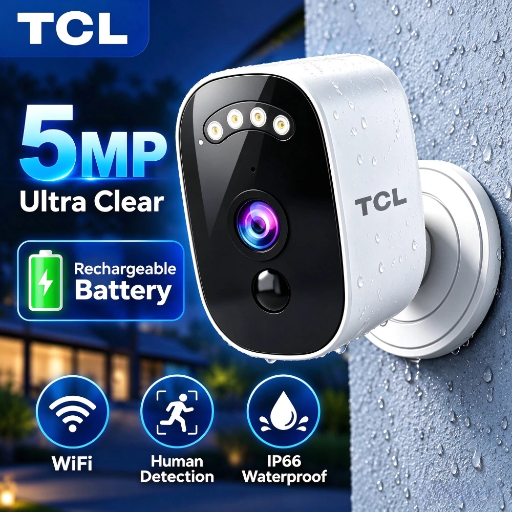 TCL 5MP WiFi Wireless Surveillance Camera Outdoor Long Standby Time 24/7 Recording AI Human Detect Battery Security Camera