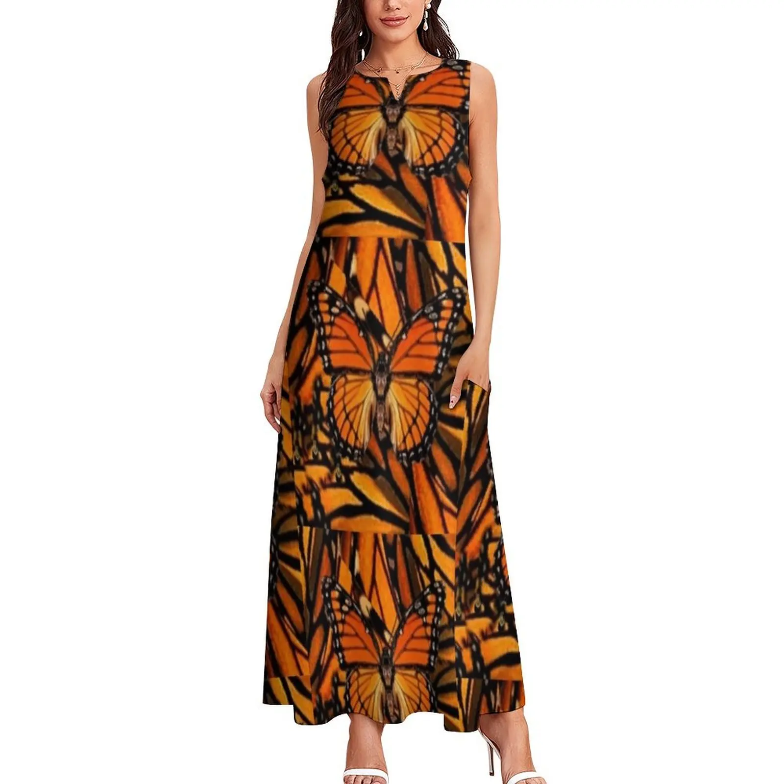 ORANGE MONARCH BUTTERFLY PATTERNED ARTWORK Long Dress Woman clothing luxury women's party dress evening prom Dress