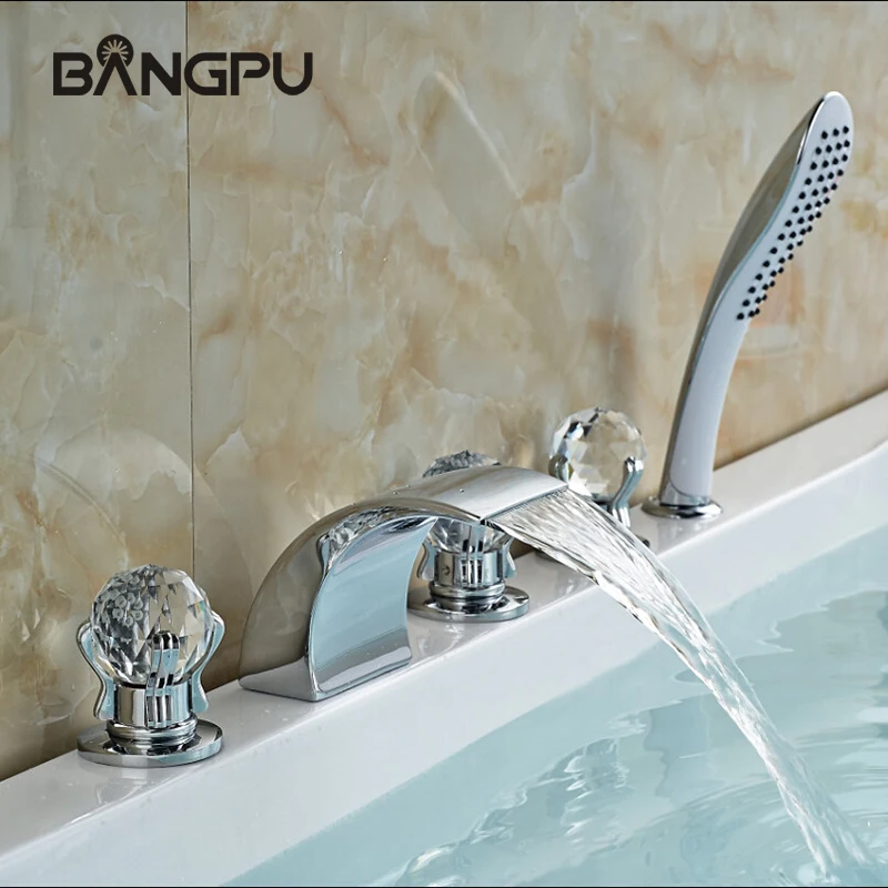 

5 Hole Waterfall Tub Faucet Kit with Hand Shower Roman Bathtub Faucet Set Deck Mount Bath Tub Faucet with Handheld Shower Chrome