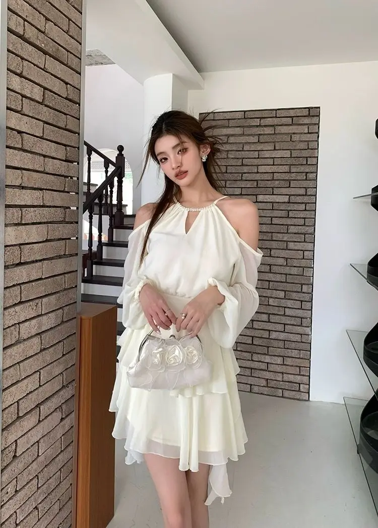 

Платья Женское платье с длинными рукавами для молодых девушек Весенняя сетчатая аппликация Расклешенное вручную плиссированное платье без талии Оверсайз Молодежный стиль Элегантный