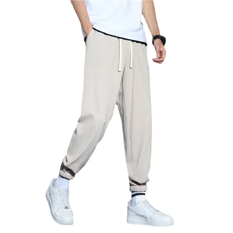 メンズコットンリネンパンツ男性秋の新通気性無地リネンズボン弾性ウエストストリートストレートパンツ男性